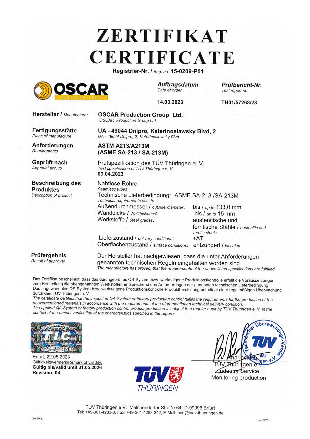 06 certificate ASTM ASME 213 de en